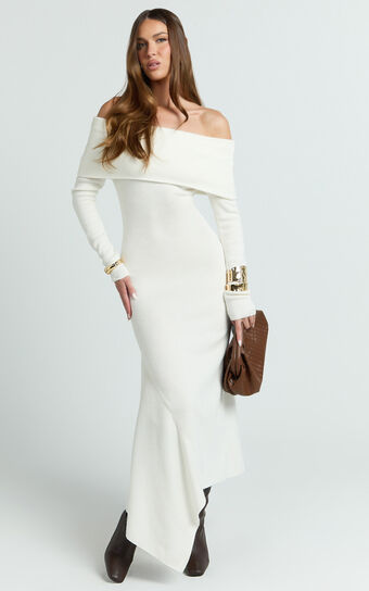 Karina Midi Dress - Long Sleeve Folded Off Shoulder Asymmetric Dress in Cream
