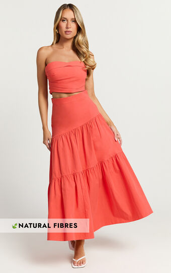 Schiffer Two Piece Set - Strapless Top and Tiered Midi Skirt in Red