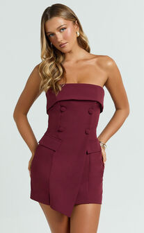 Veronica Mini Dress - Strapless Collared Tailored Bodycon Dress in Wine