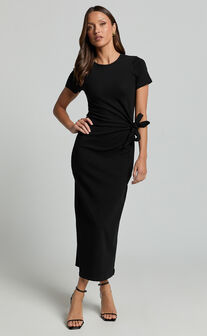 Penny Midi Dress - Short Sleeve Side Tie Jersey Dress in Black