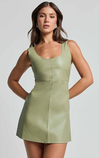 Alvera Mini Dress - Square Neck Sleeveless A Line Dress in Sage