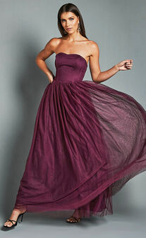 Gemma Maxi Dress - Strapless Sweetheart Tulle Fit & Flare in Aubergine