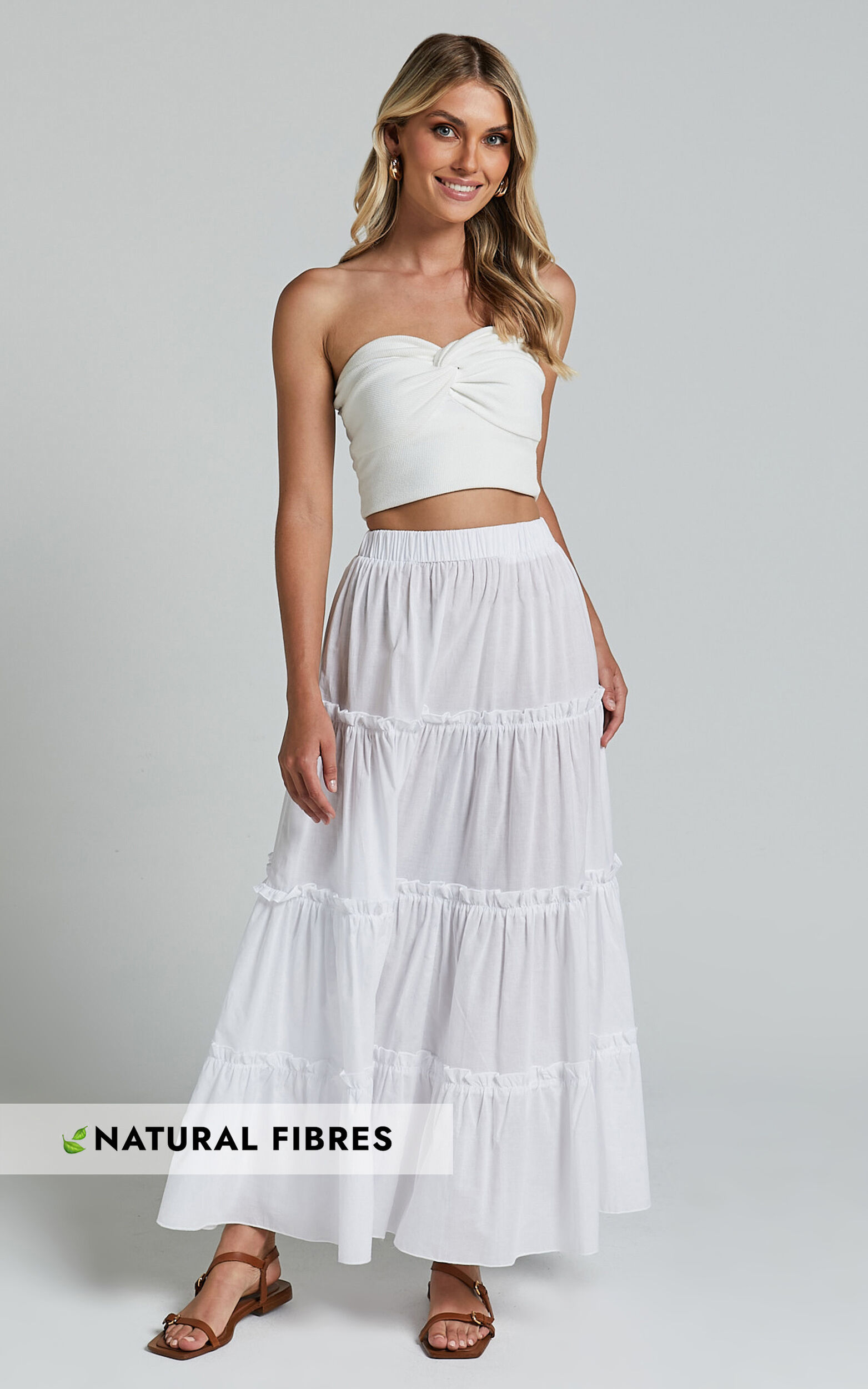 Aeonium Maxi Skirt - Cotton Elasticated Waist Tiered Skirt in Off White - 06, WHT1