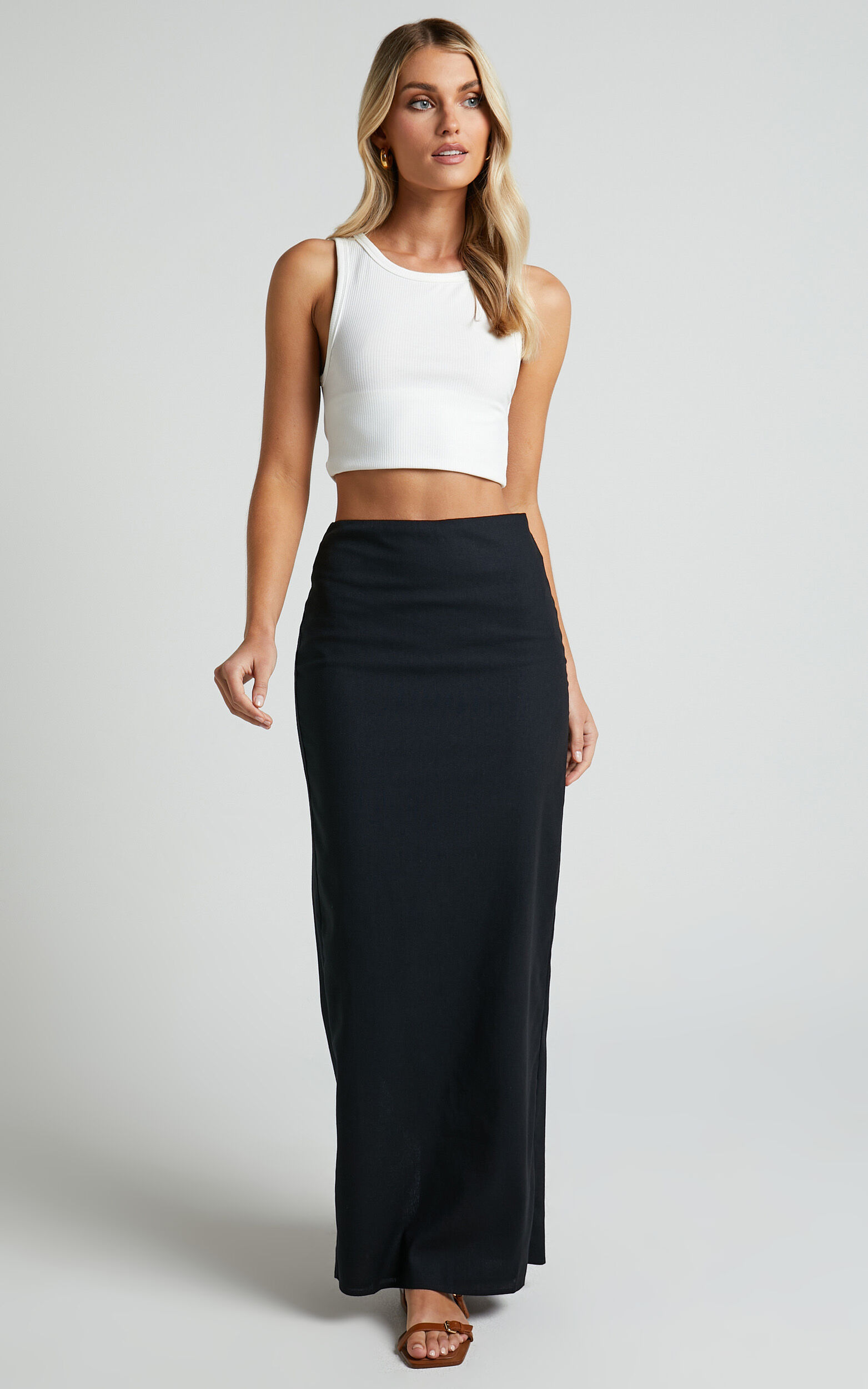 Vance Maxi Skirt - Linen Look Back Split Skirt in Black - 04, BLK1
