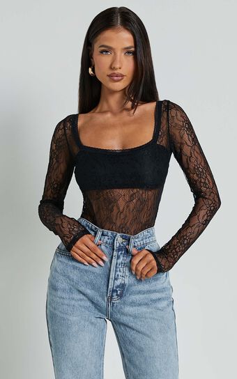 Cynthia Bodysuit - Long Sleeve Lace Bodysuit in Black