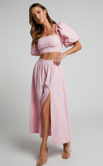 Branson Two Piece Set - Short Puff Sleeve High Waisted Midi Skirt Set in Pink