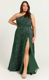 Isra Maxi Dress - Lurex Slit Cut Out One Shoulder Dress in Emerald
