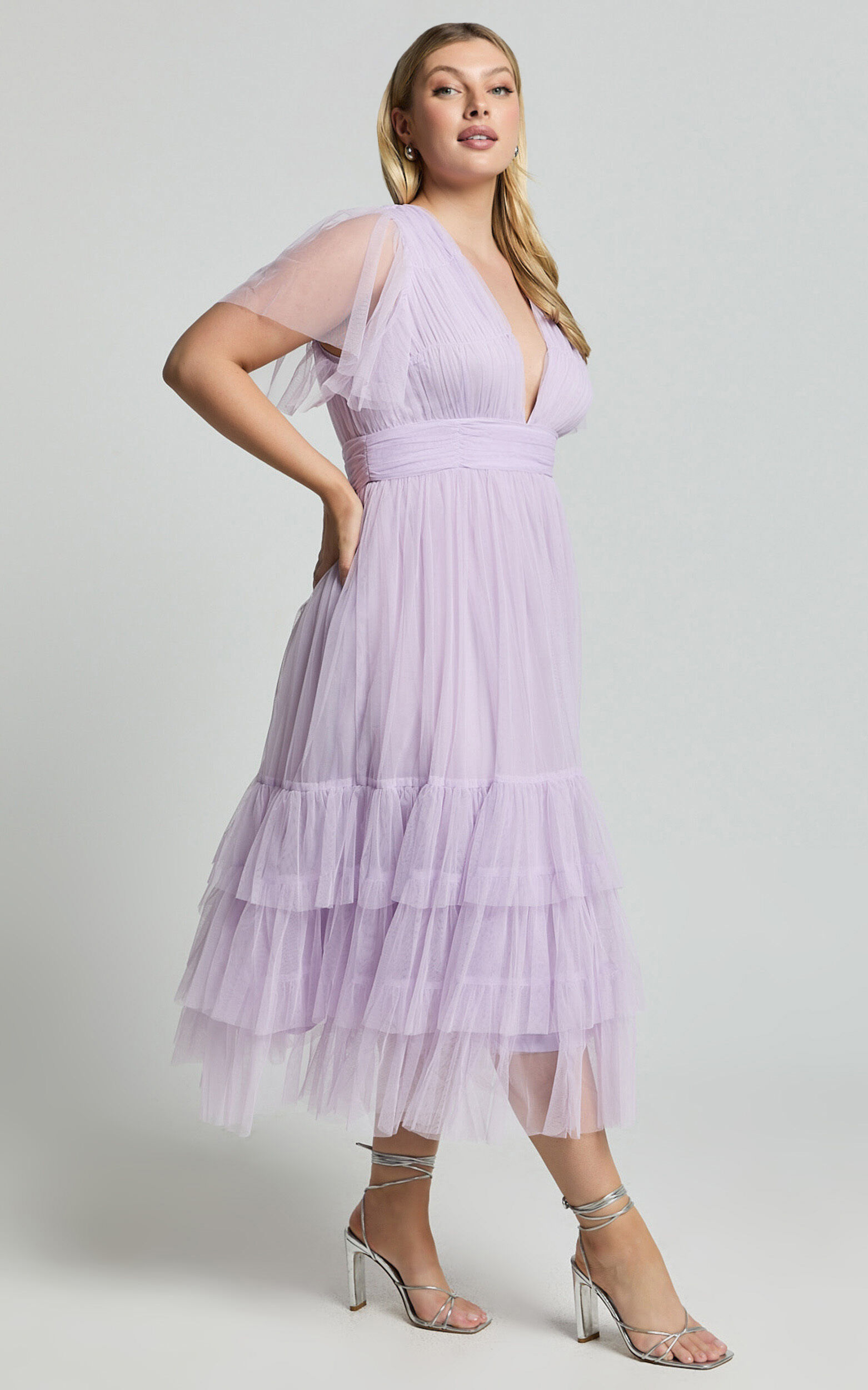 Jiraye Midi Dress Flutter Sleeve Tuelle Plunge Dress in Lilac Showpo
