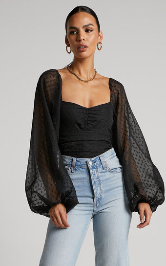 Conny Bodysuit - Spotted Balloon Sleeve Sweetheart Bodysuit in Black