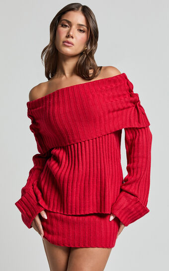 SNDYS The Label - Brooks Off Shoulder Jumper in Cherry