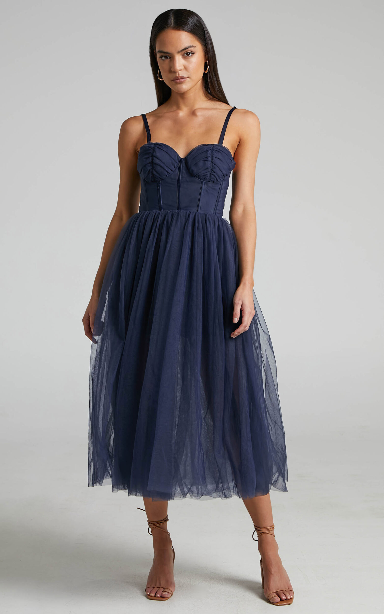 Aisha Midi Dress - Bustier Bodice Tulle Dress in Navy - 16, NVY1