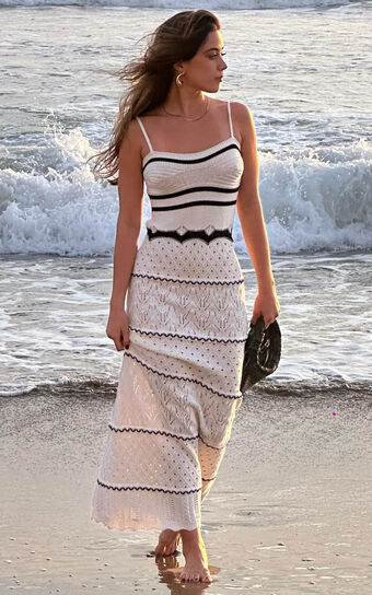 Addison Midi Dress - Knitted Stripe Detail Cami Dress in White/Black