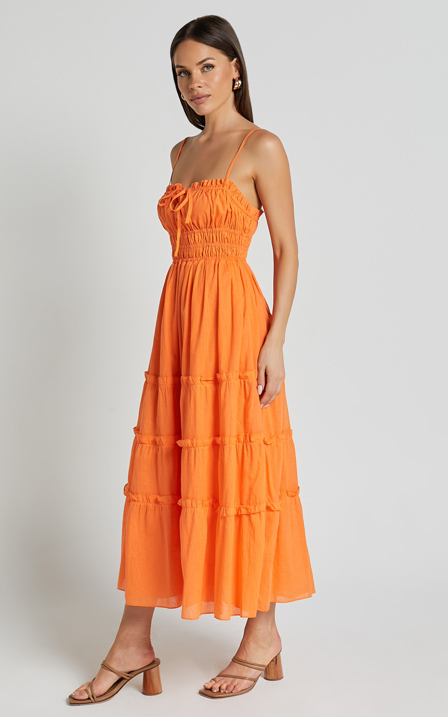Schiffer Midi Dress - Strappy Ruched Tie Front Tiered Dress in Mandarin ...