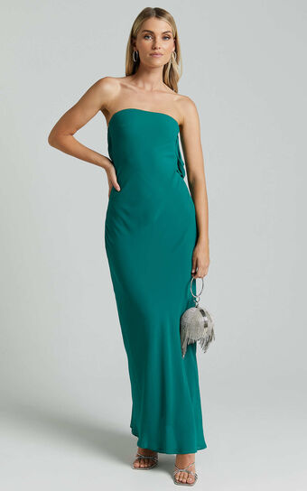 Laurelle Maxi Dress - Strapless Straight Neck Tie Back Cowl Slip in Jade Green