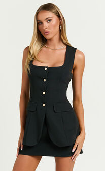 Phyllis Two Piece Set - Tailored Scoop Neck Vest Top and A Line Mini Skirt Set with Gold Buttons in Black