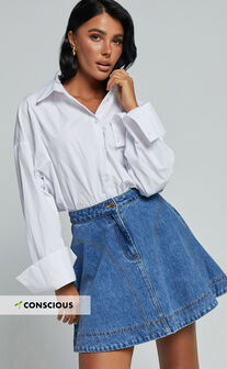 Koemi Skirt - High Waisted Denim Flare in Mid Blue Wash