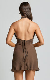 Martine Mini Dress - Halter Cowl Neck Low Tie Back Dress in Brown | Showpo USA