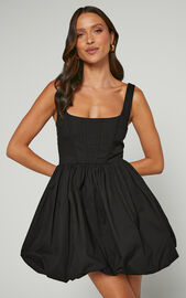 Brianda Mini Dress - Corset Bodice Bubble Hem Dress in Black | Showpo USA