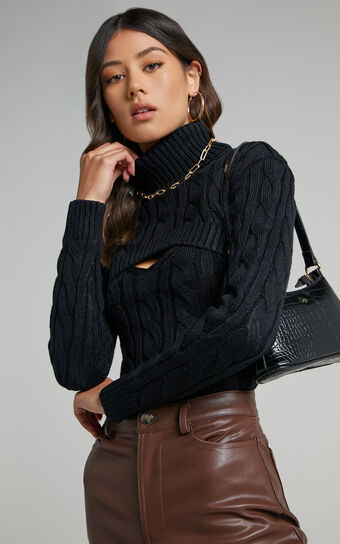 Leillia Cutout Cable Knit Top in Black