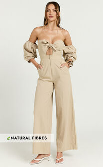 Maja Jumpsuit - Front Tie Off Shoulder Jumpsuit in Sand