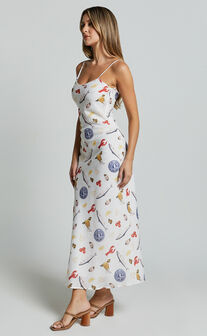 Jamilla Midi Dress - Bias Cut Linen Look Midi Slip Dress in Seaside Print