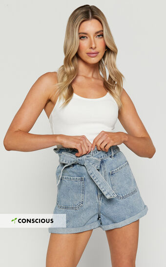 Amber Shorts - Recycled Cotton Denim Shorts with Paper Bag Waist in Light Blue Wash