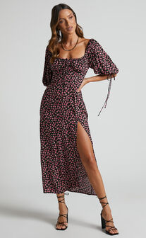 Rosario Midi Dress - Ruched Bust Puff Sleeve Dress in Black Floral