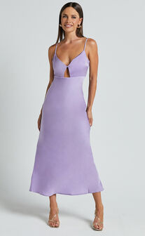 Amitola Midi Dress - V Neck Cut Out Slip Dress in Lilac