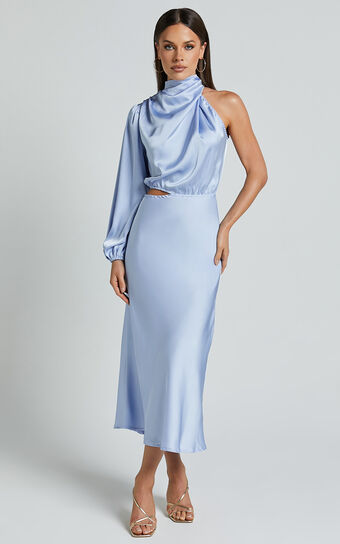 Marcela Midi Dress - Drape Neck One Sleeve Satin Bias Cut Dress in Light Blue