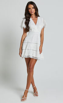 Ariana Mini Dress - V Neck Flutter Sleeve A Line in White