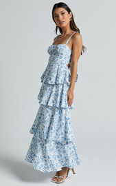 Lorma Midi Dress - Ruched Layered Dress in Blue Floral | Showpo USA