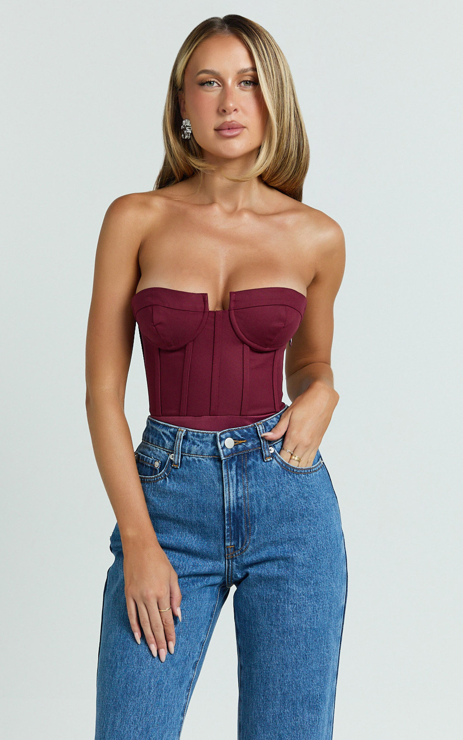 Brigitte Bodysuit - Sweetheart Paneled Bodysuit in Wine - 06, WNE1