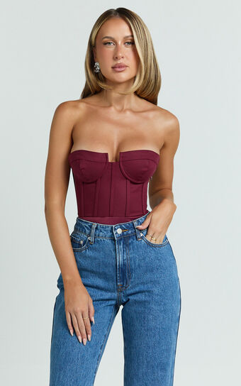 Brigitte Bodysuit - Sweetheart Paneled Bodysuit in Wine