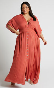 Sitting Pretty Midi Dress - Short Sleeve Button Down Dress in Rust