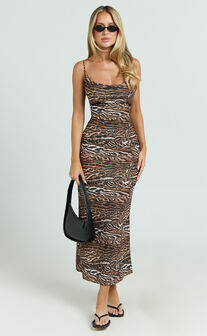 Latisha Midi Dress - Cowl Neck Strappy Back Bias Cut Viscose Jersey Dress in Animal