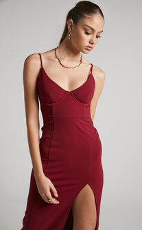 Reuven Midi Dress - Thigh Split Corset Dress in Wine