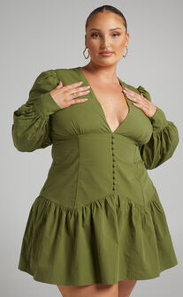 Carlyle Mini Dress - Long Sleeve Corset Dress in Khaki