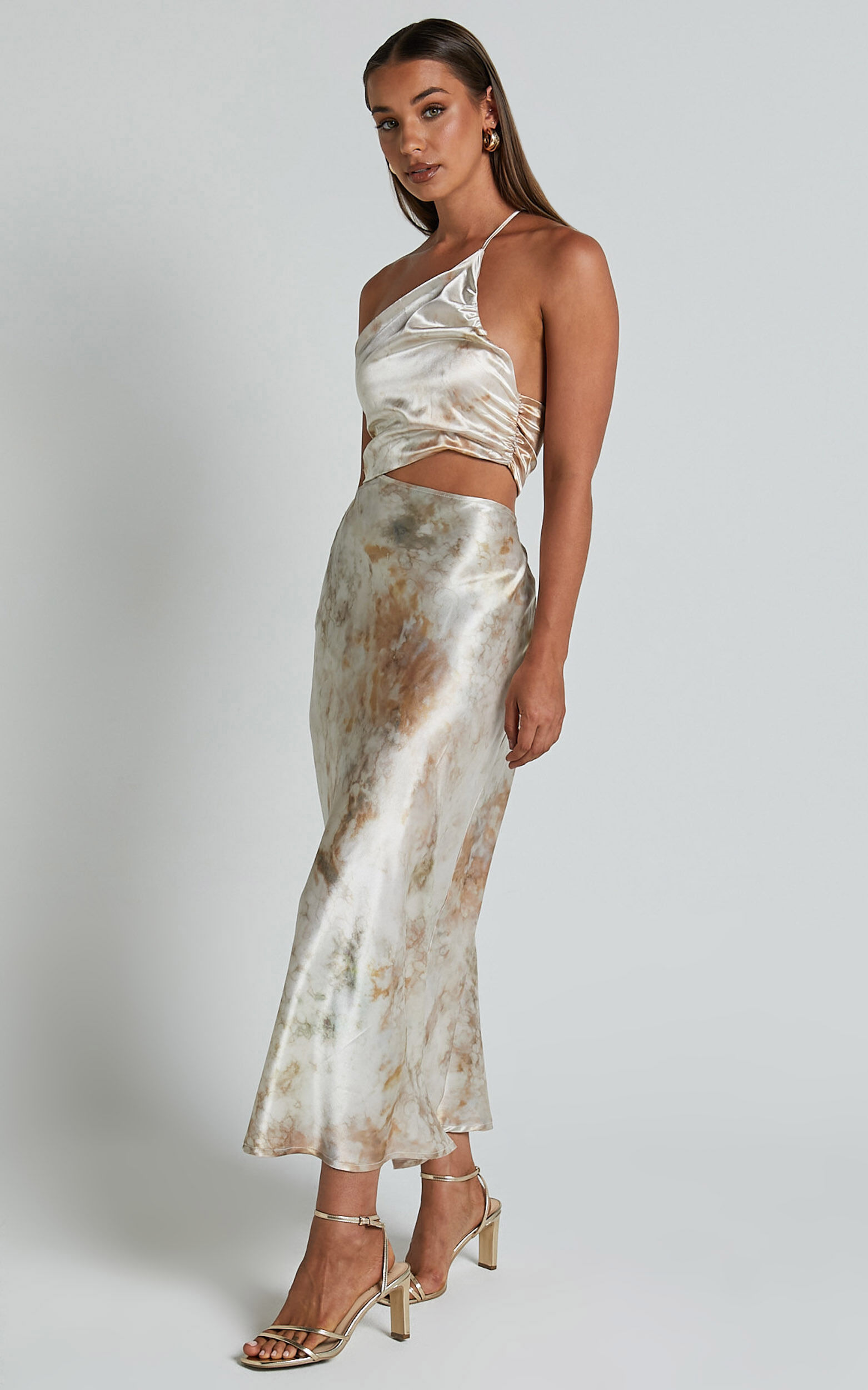 Ella Midi Dress - Asymmetric Strap Detail Satin Dress in