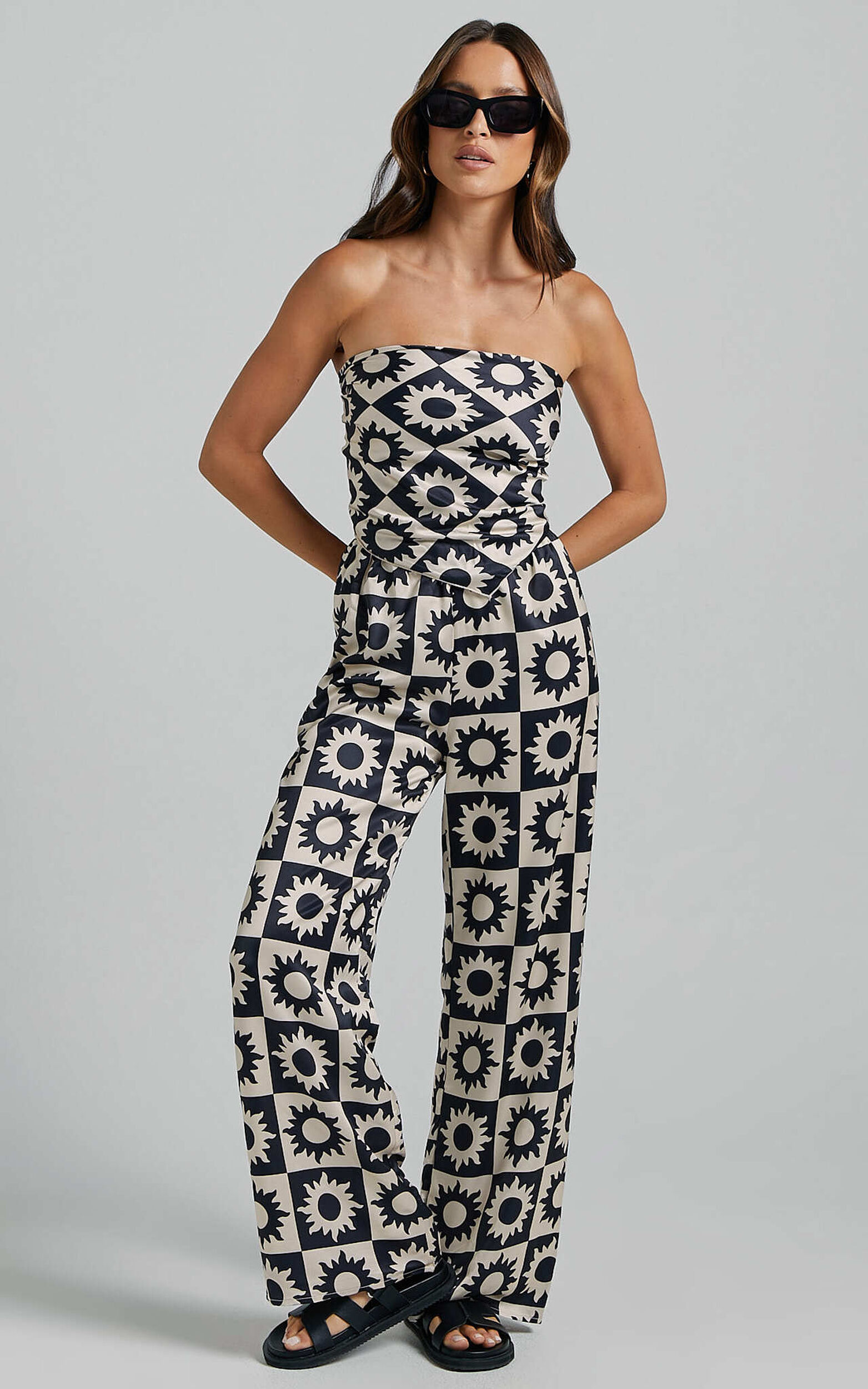 Augusta Two Piece Set - Scarf Top and Pants Two Piece Set in Black and Cream Print - 06, BLK1
