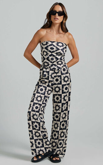 Augusta Two Piece Set - Scarf Top and Pants Two Piece Set in Black and Cream Print