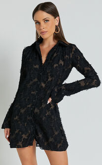 Ava Mini Dress - Long Sleeve Fitted Clipped Jacquard Dress in Black