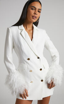 Rhaiza Mini Dress - Faux Feather Trim Double Breasted Blazer Dress in White