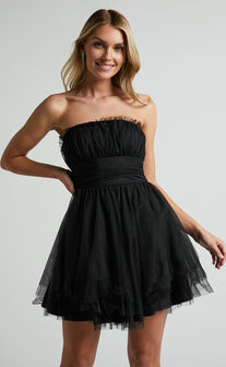 Brooke Mini Dress - Tulle Frill Detail Mini Dress in Black