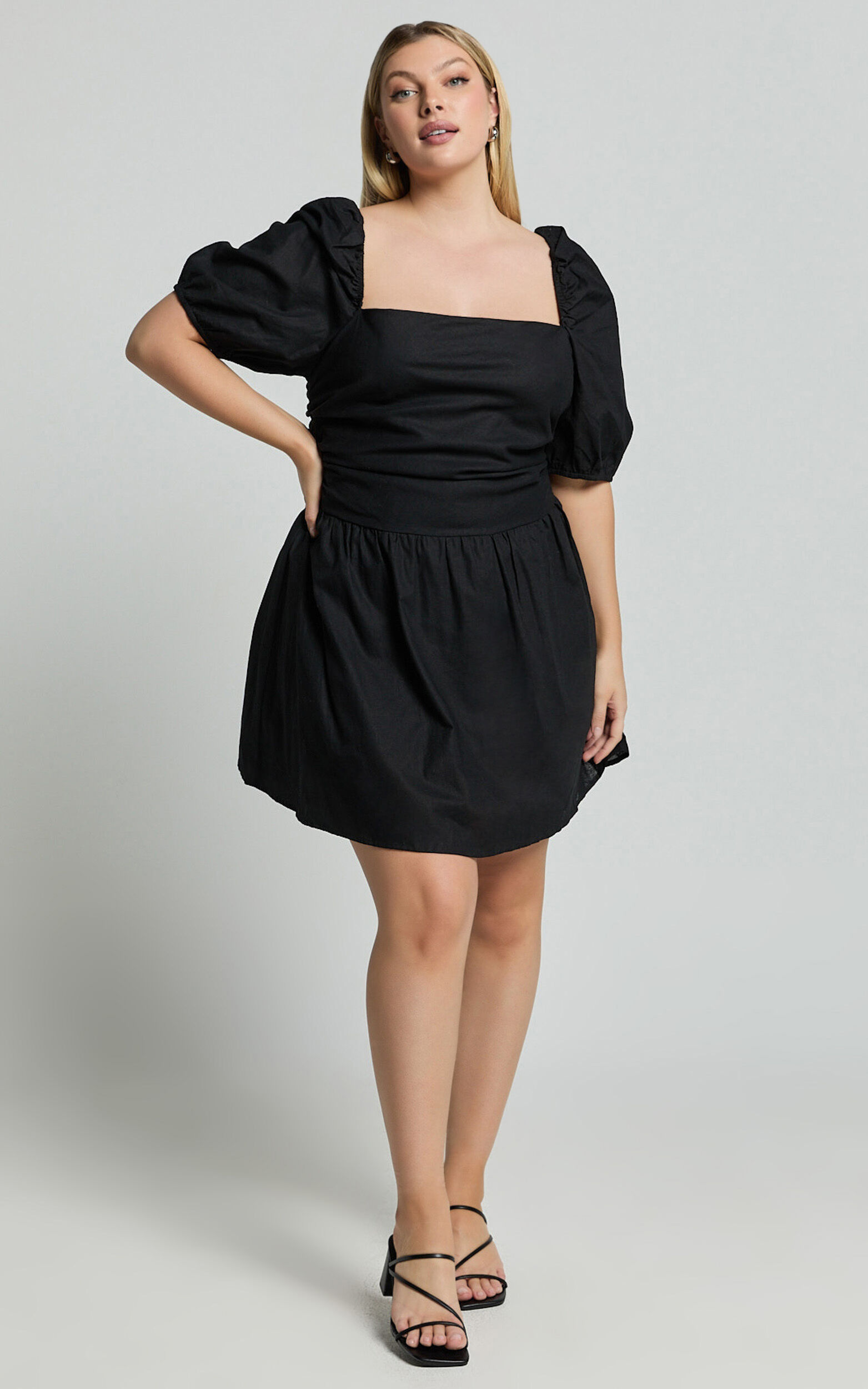 Claudina Mini Dress - Linen Look Puff Sleeve Ruched Bodice Dress in ...