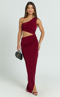 Kala Midi Dress - One Shoulder Cut Out Side Split Dress in Wine