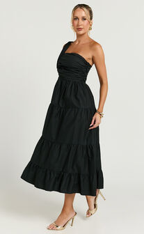 Stephanie Midi Dress - One Shoulder Tiered Midi Dress in Black