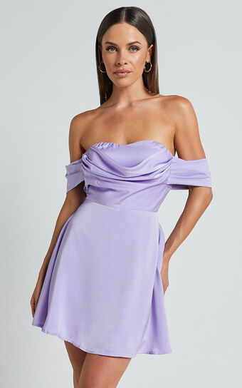 Clarinde Mini Dress - Off Shoulder Gathered Bodice in Lilac
