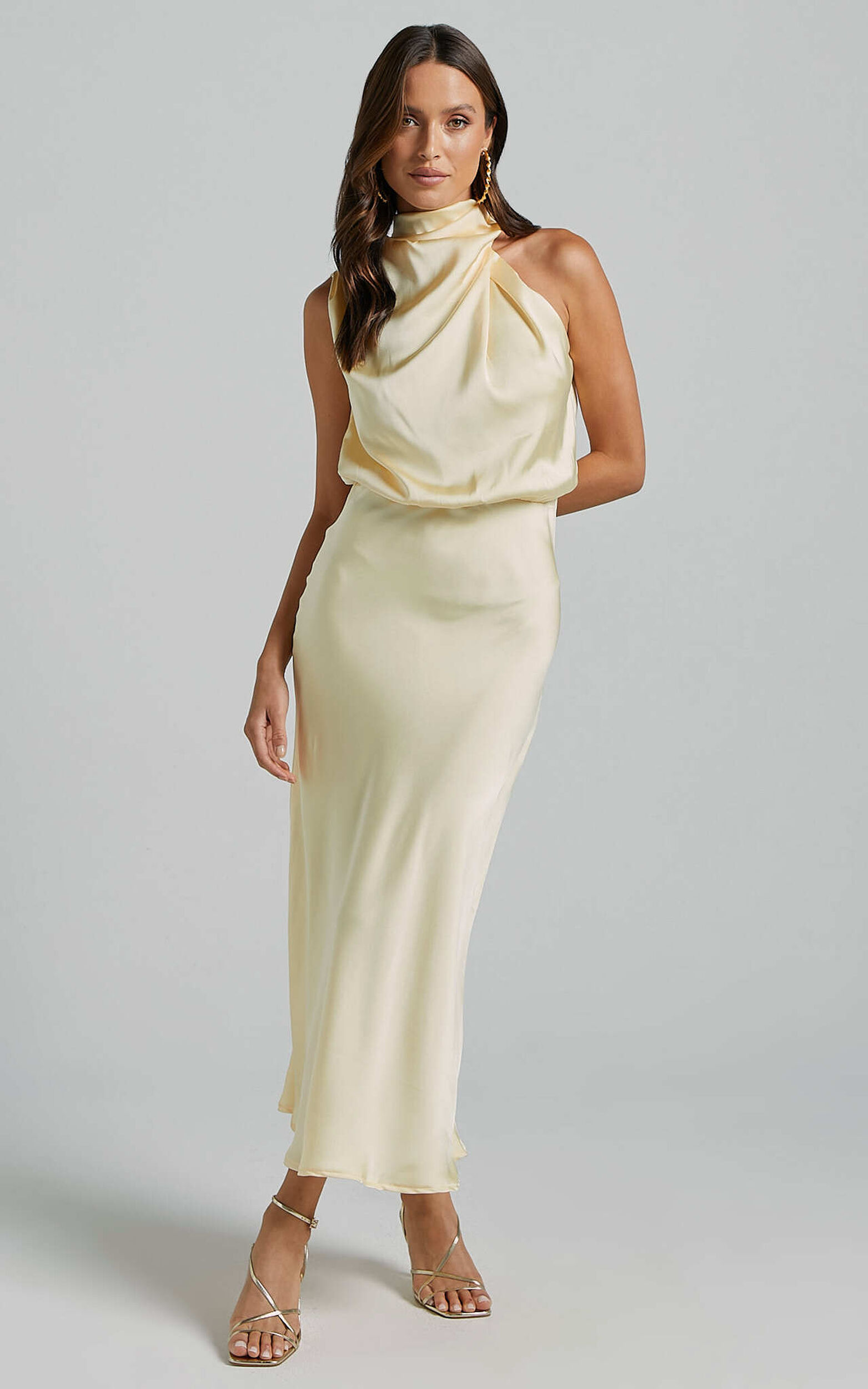 Minnie Midi Dress - Drape Neck Satin Slip Dress in Butter Yellow | Showpo