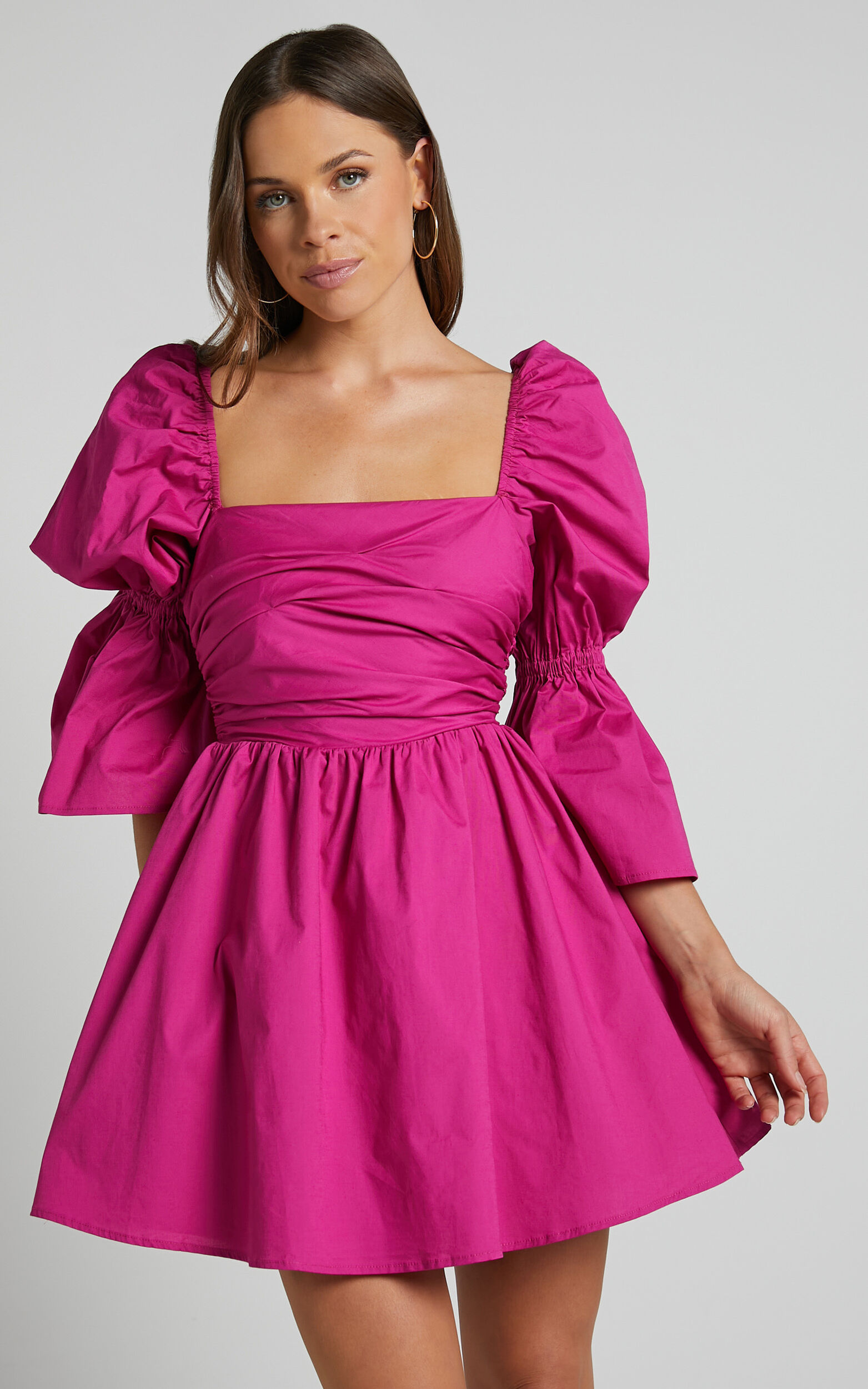 Adria Mini Dress - Long Puff Sleeve Square Neck Dress in Berry | Showpo USA