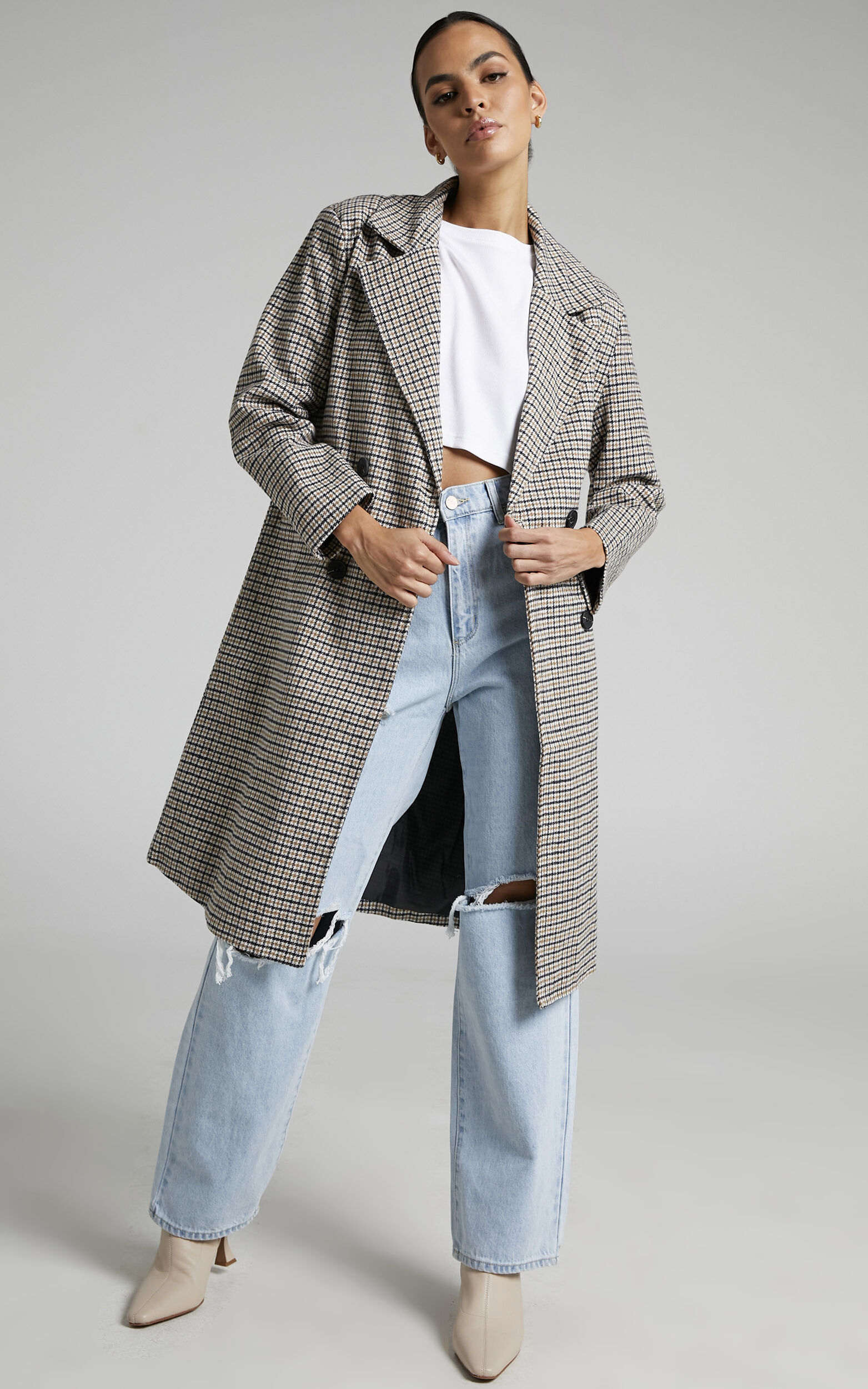Roisin Double Breasted Coat in Beige Check - L, BLK1